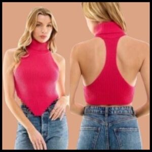 New Sexy Hot Pink Turtleneck Hanky Hem Crop Knit Top